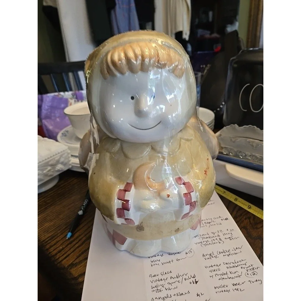 NEW Vintage Design Pac Angel Cookie Jar Beige Red Plaid Heart Wings